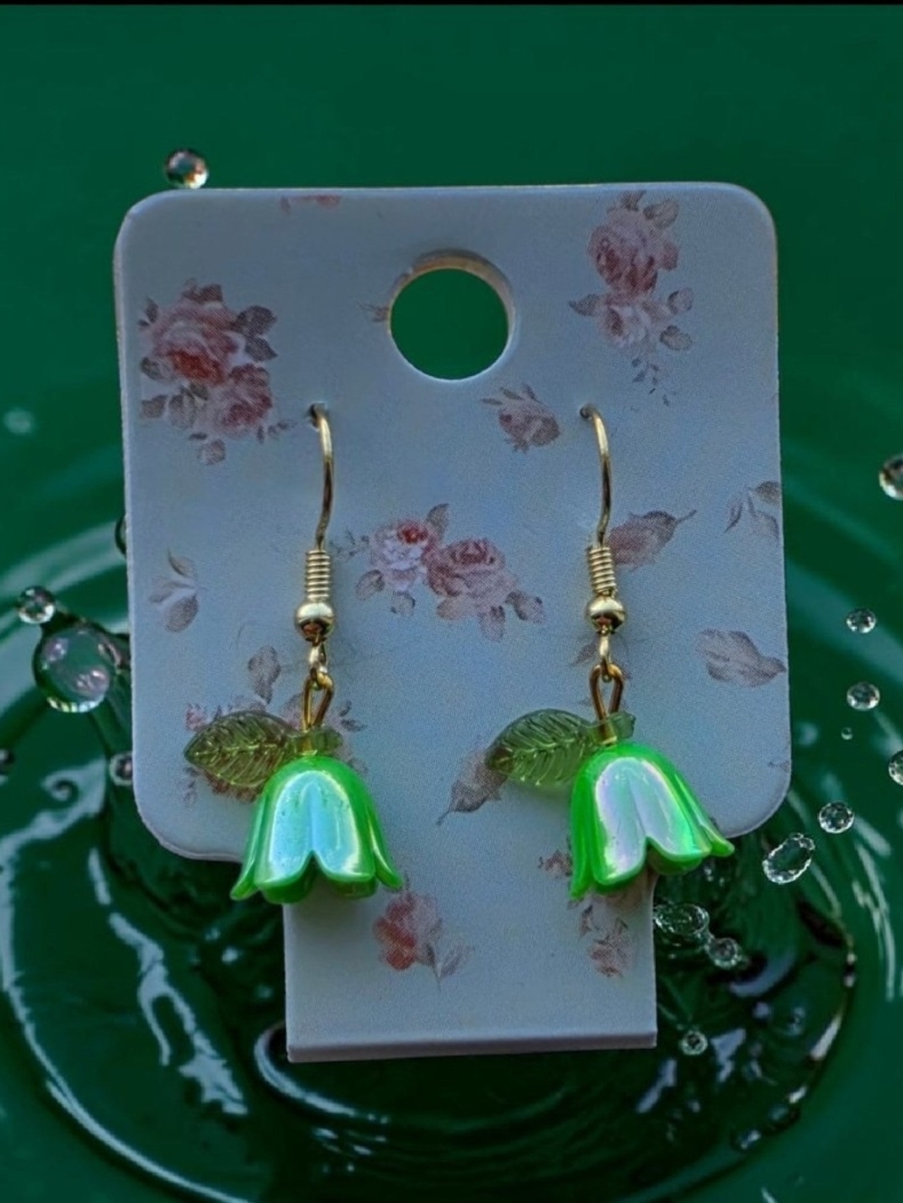 Green Flower Drop Earrings